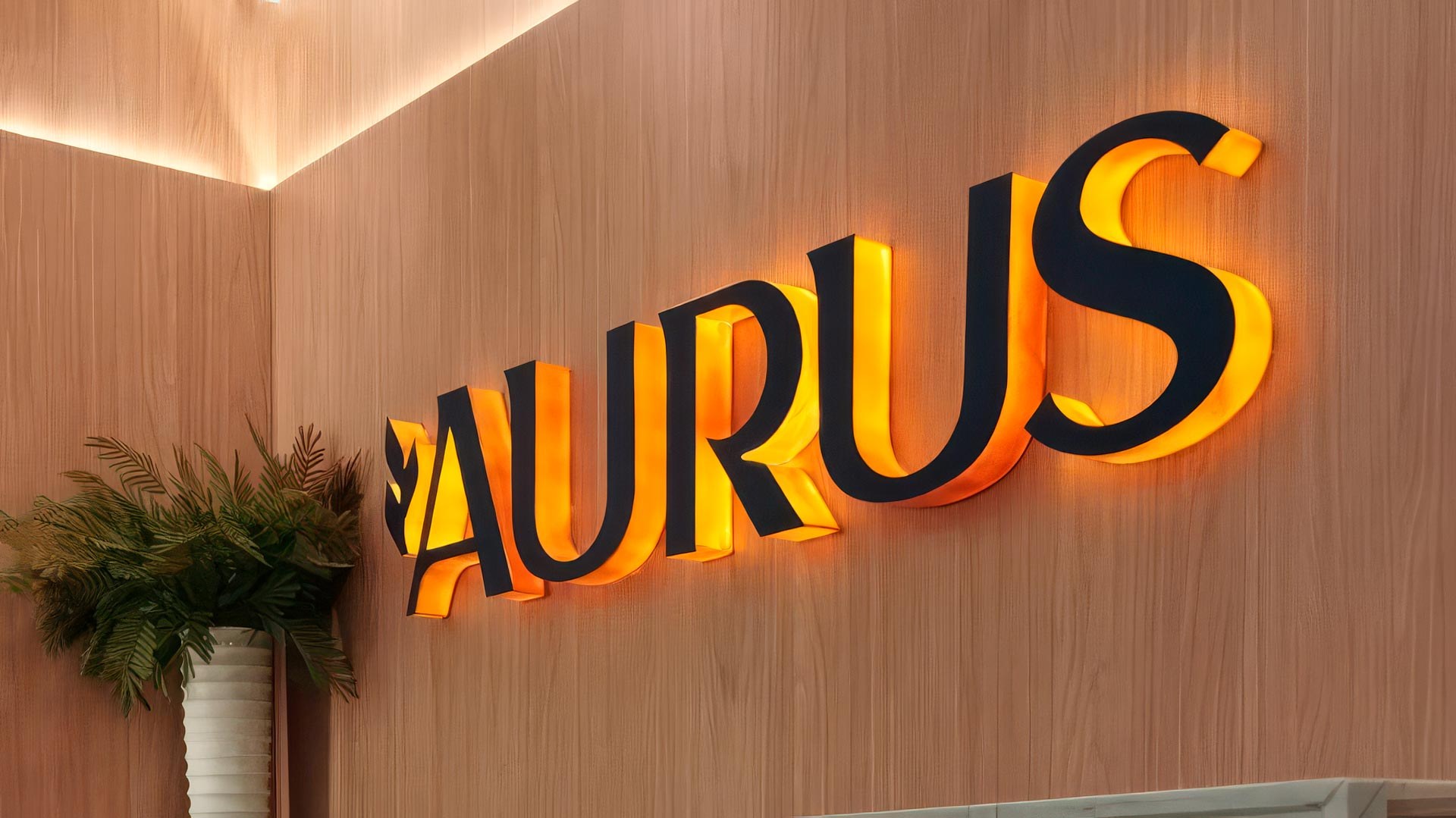 Letra caixa iluminada AURUS na recepção